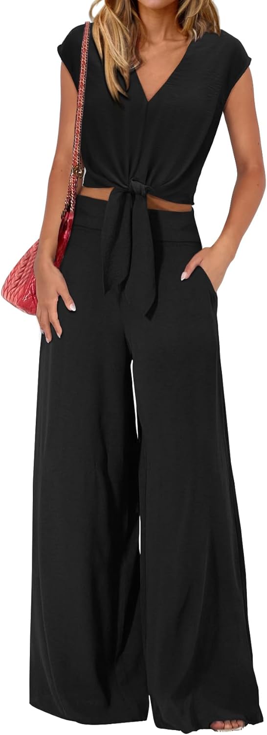 PRETTYGARDEN Women\'s Summer 2 Piece Outfits 2025 Cap Sleeve V Neck Belted Crop Tops Wide Leg Pant Sets Casual Tracksuit