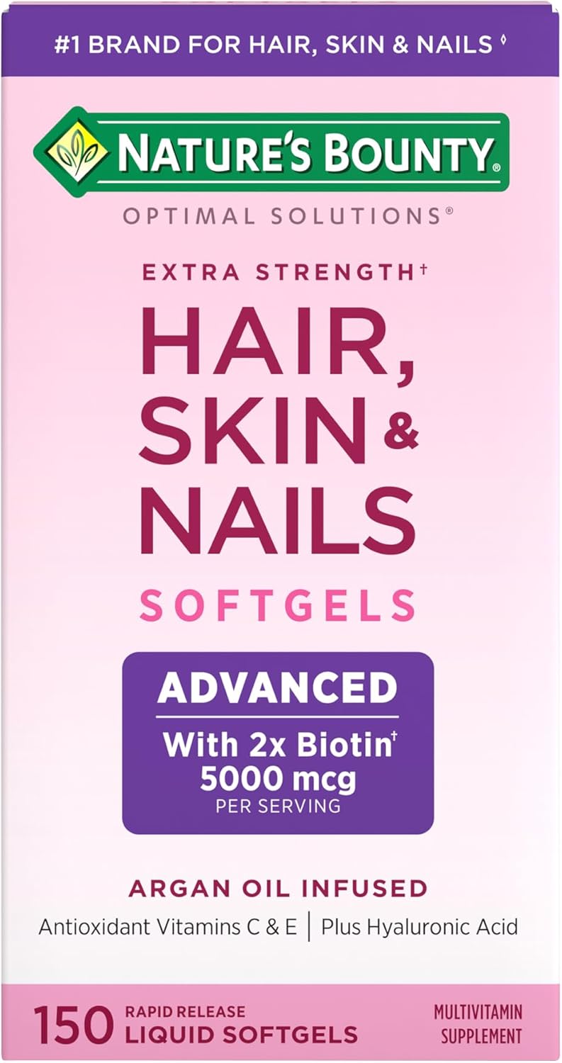 Nature\'s Bounty Advanced Hair, Skin & Nails, Argan-Infused Vitamin Supplement with Biotin and Hyaluronic Acid, 150 Rapid Release Softgels, 50 Total Servings