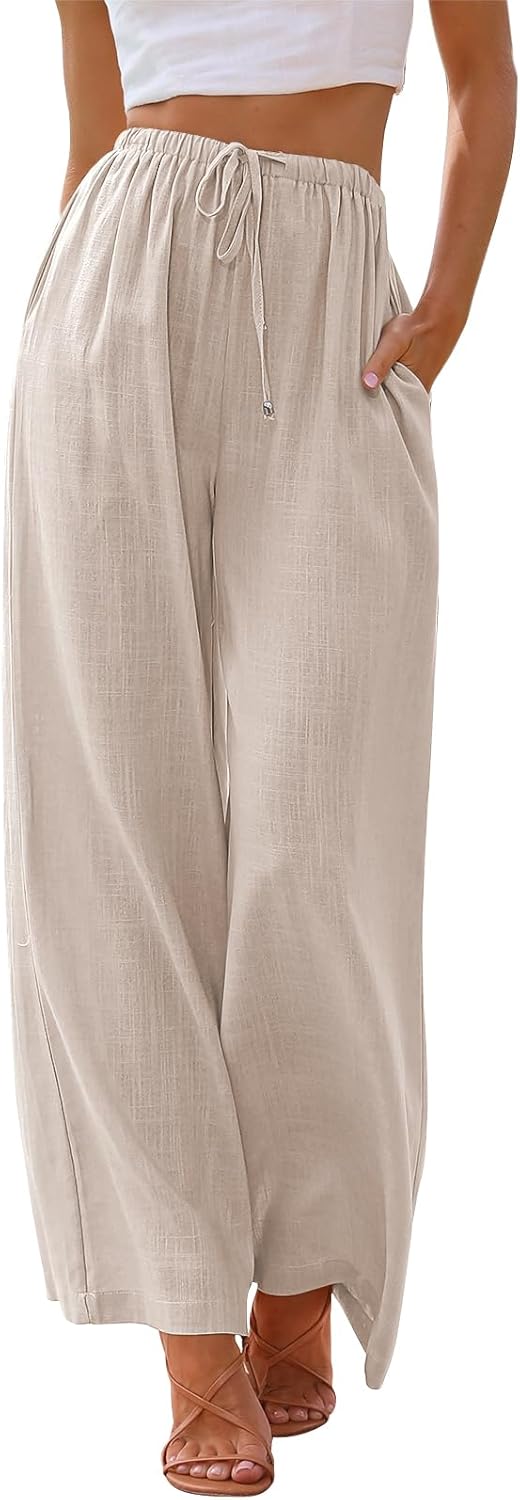 LILLUSORY Women\'s Linen Summer Palazzo Pants Flowy Wide Leg Beach Pants with Pockets