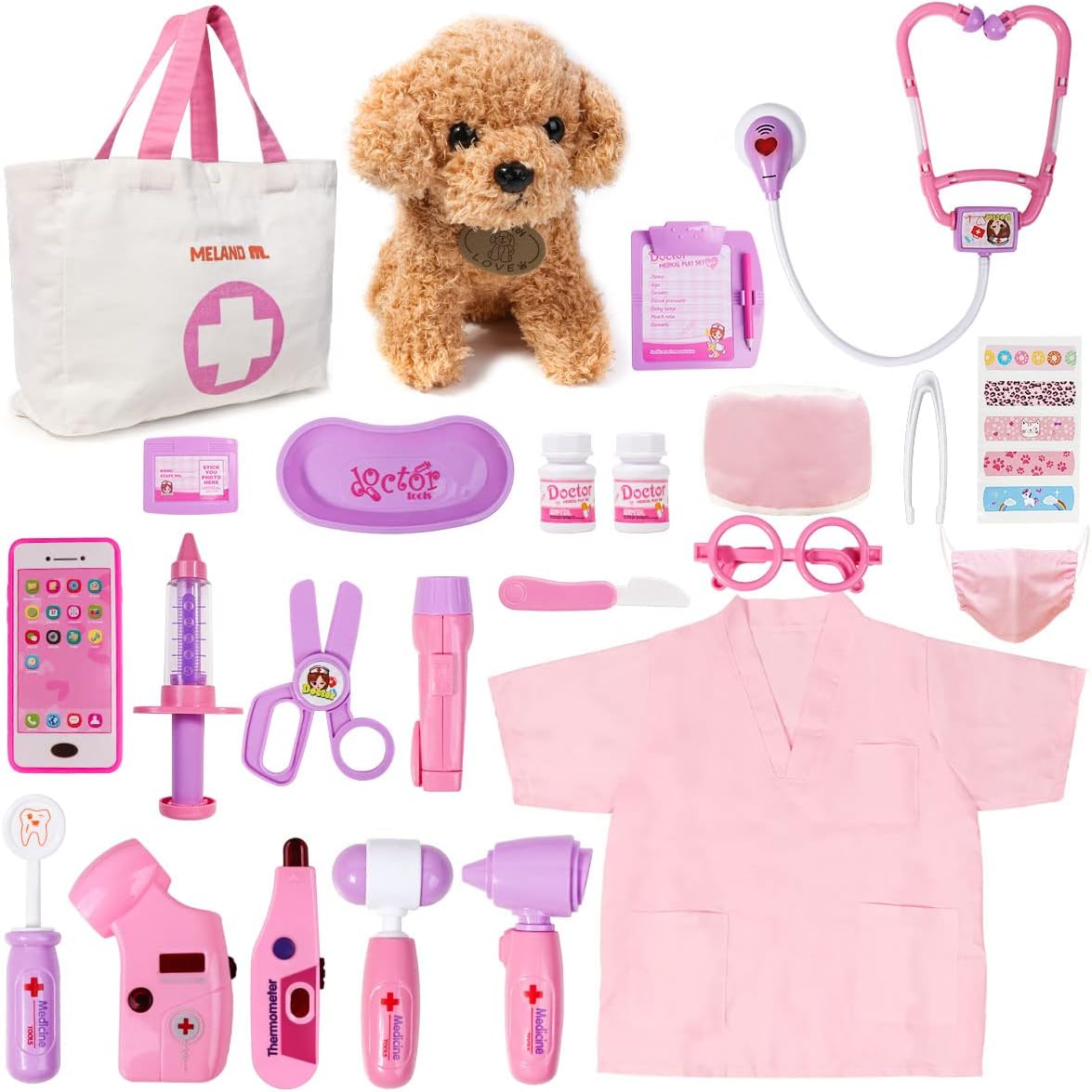 Meland Toy Doctor Kit for Girls - Pretend Play Doctor Set with Dog Toy, Carrying Bag, Stethoscope Toy & Dress Up Costume - Doctor Play Gift for Kids Toddlers Ages 3 4 5 6 Year Old for Role Play