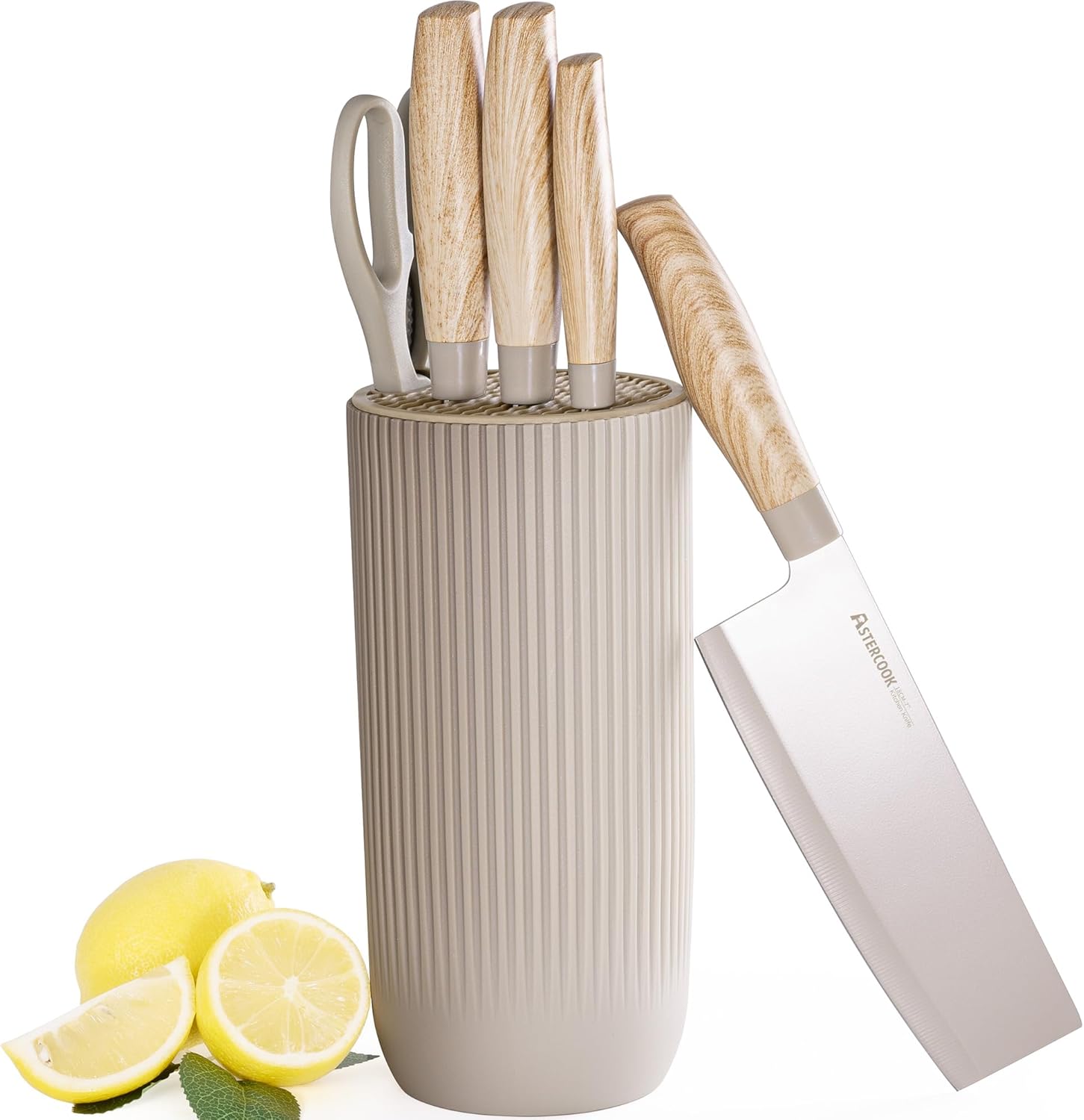 Knife Set, Astercook 6 Piece Khaki Kitchen Knife Set, Non-stick Stainless Steel Knife Block Set, Anti-Rust Dishwasher Safe Knife Set with Block