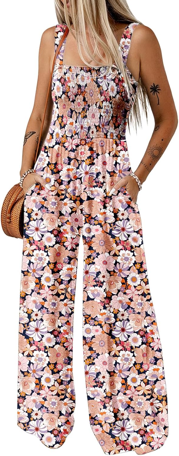 Dokotoo Women\'s Casual Loose Overalls Jumpsuits One Piece Sleeveless Printed Wide Leg Long Pant Rompers With Pockets