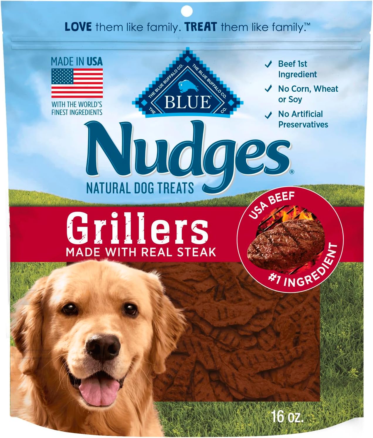 Blue Buffalo Nudges Grillers Natural Dog Treats, Made in the USA with Real Steak, 16-oz Bag