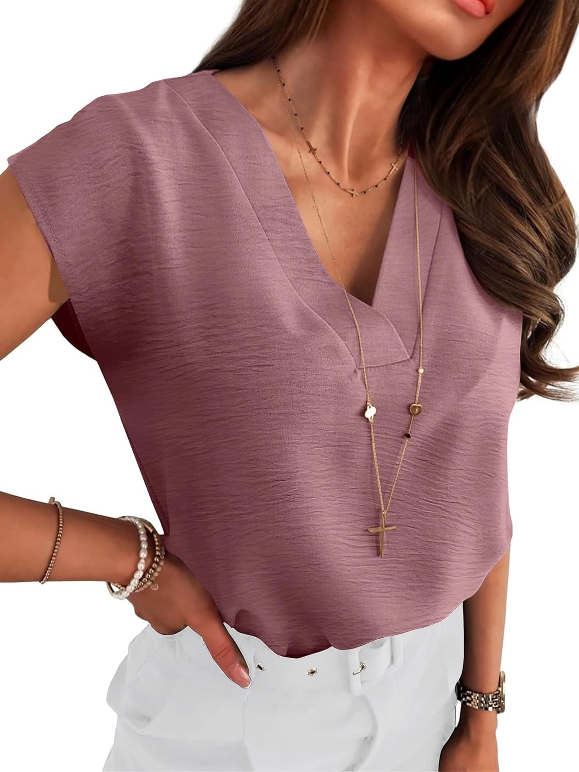 ANRABESS Women Tops Cap Sleeve Textured Dressy Casual V Neck Shirts 2025 Summer Business Work Blouses Outfits