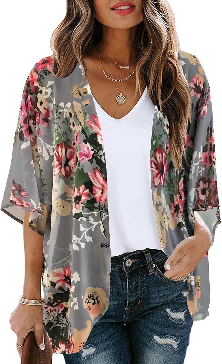 Women\'s Floral Print Puff Sleeve Kimono Cardigan Loose Cover Up Casual Blouse Tops