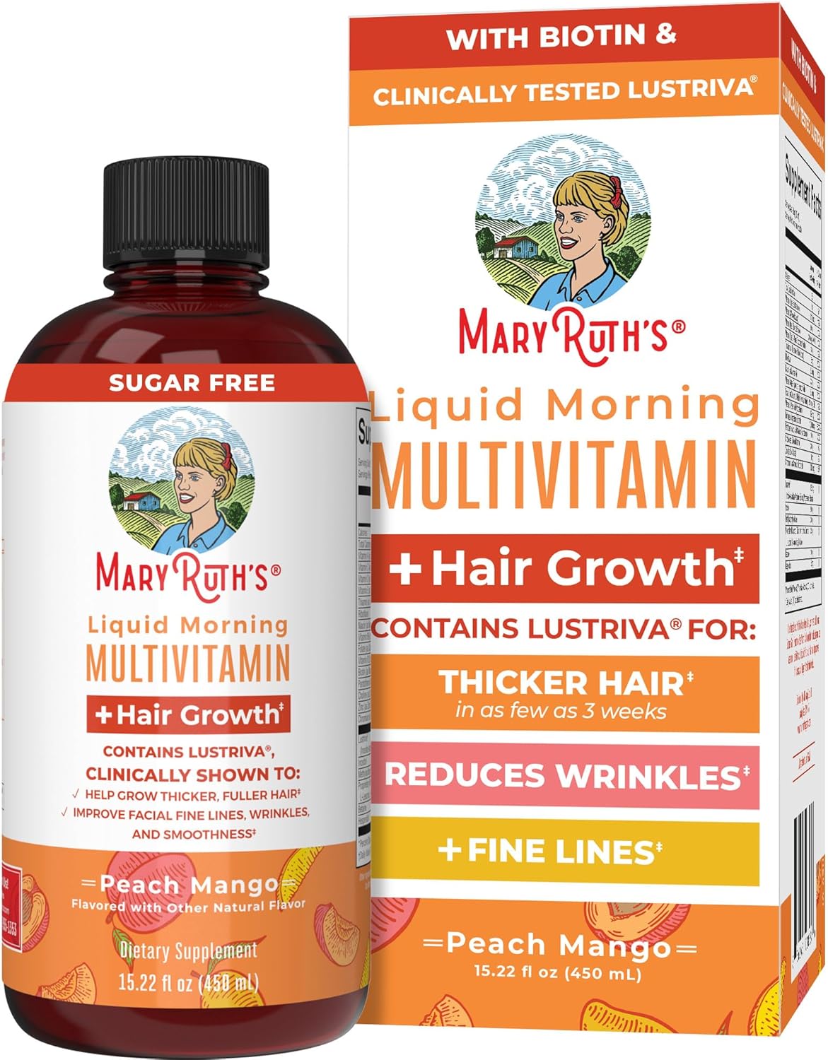 MaryRuth\'s Liquid Multivitamin + Hair Growth | Biotin 10000mcg | Lustriva Hair Growth Supplement | Clinically Tested in Women for Thicker Hair & Facial Wrinkle | Skin Care | Ages 18+ | 15.22 Fl Oz