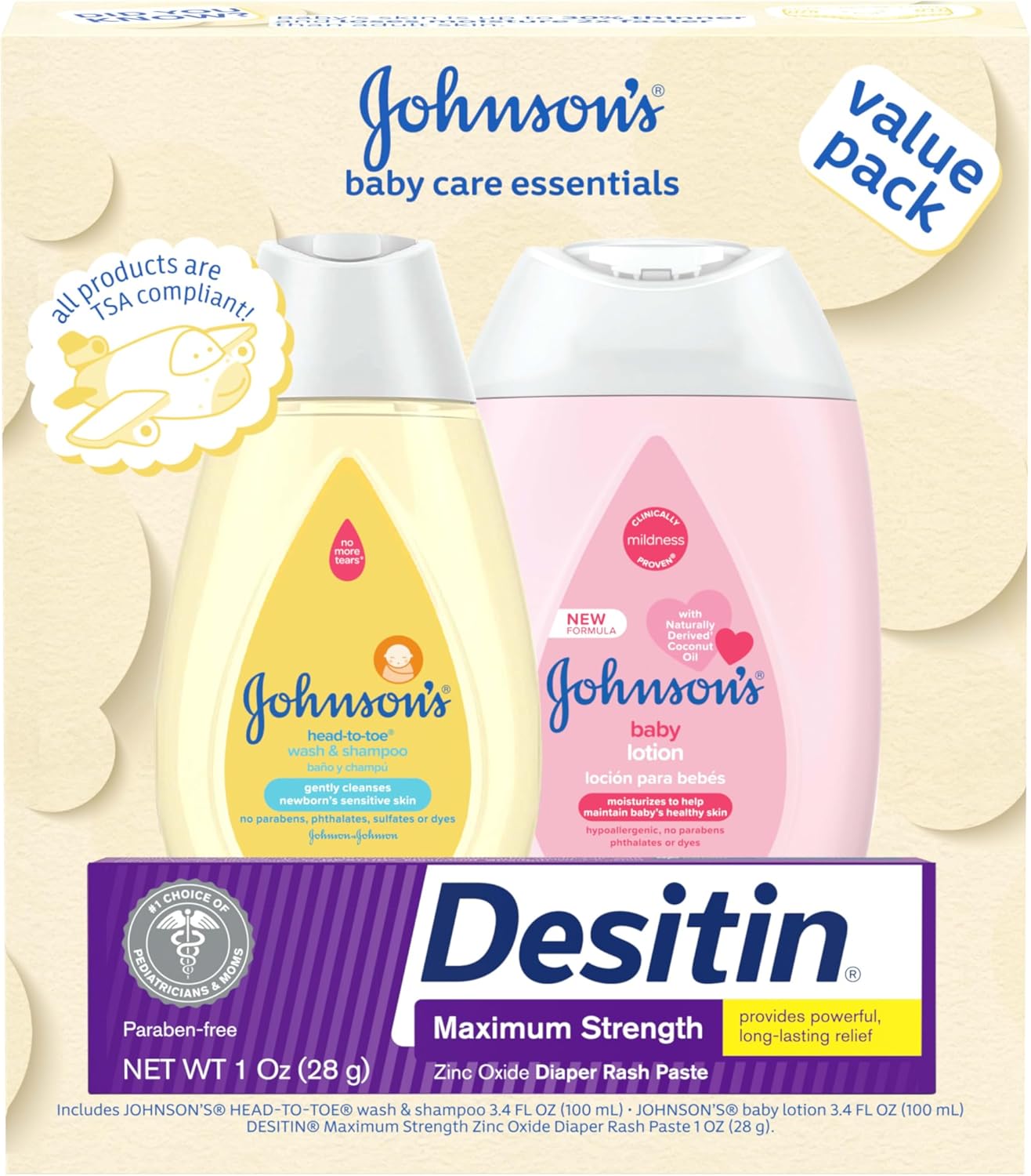 Johnson\'s Baby Care Essentials Gift Set, Body Lotion, & Zinc Oxide Diaper Rash Paste for Baby\'s Delicate Skin, Value Pack, Travel-Size, Bath Essentials Must Haves, Baby Gifts, 3 Items