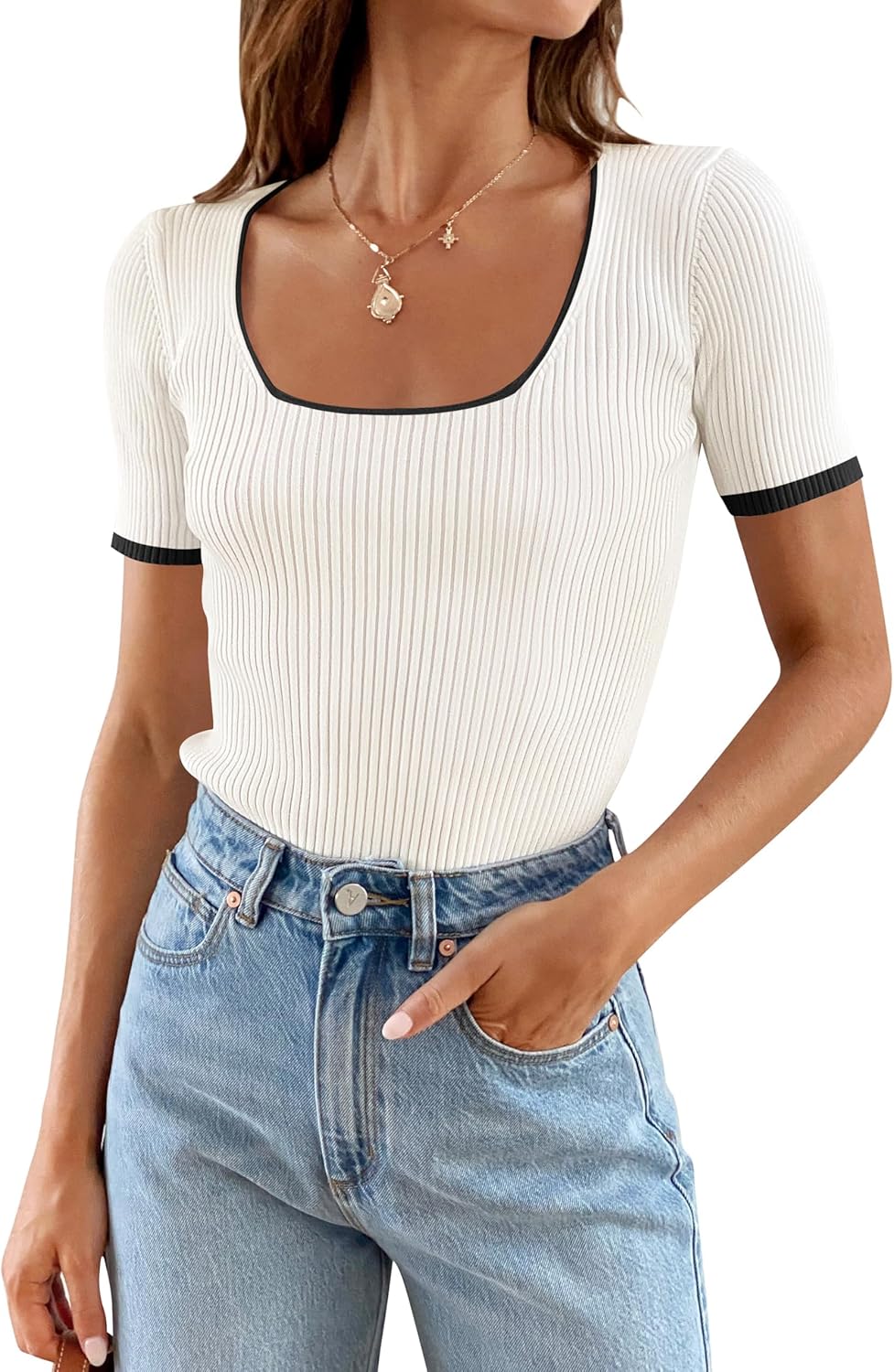 ZESICA Women\'s Short Sleeve Square Neck Color Block T Shirt 2025 Summer Slim Fit Ribbed Knit Basic Tee Tops