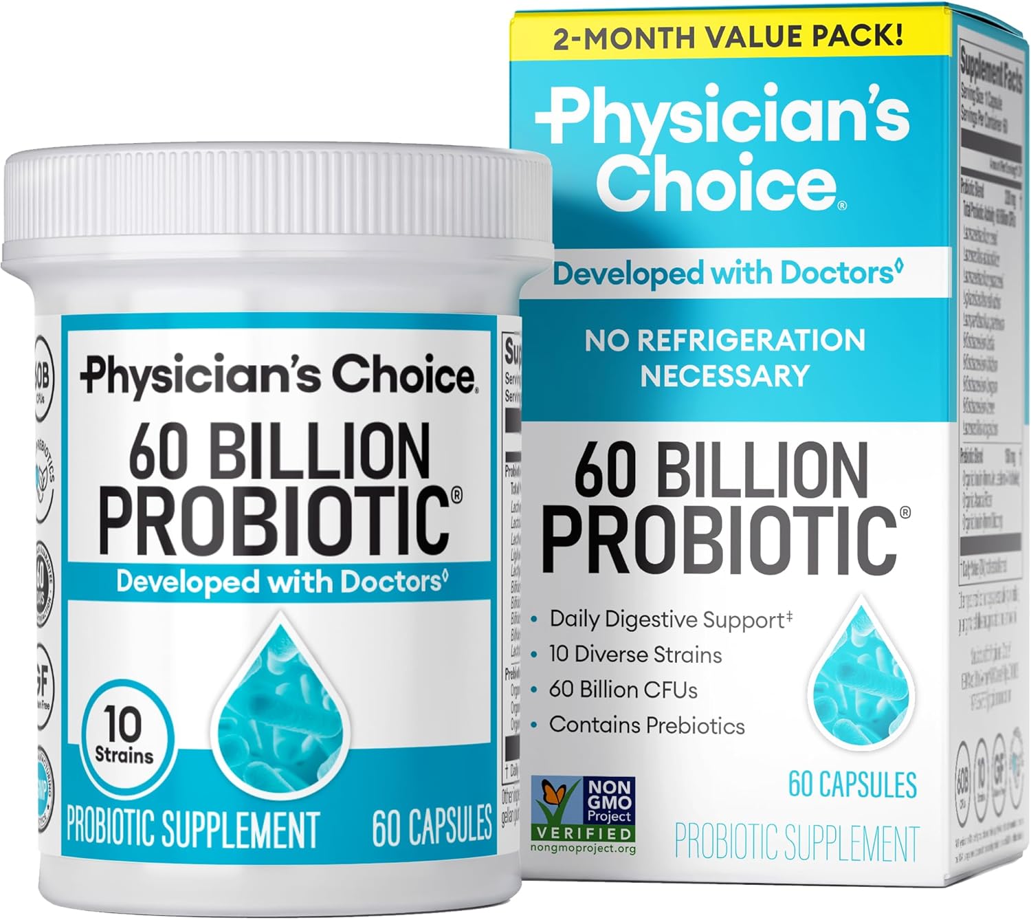 Physician\'s CHOICE Probiotics 60 Billion CFU - 10 Strains + Organic Prebiotics - Immune, Digestive & Gut Health - Supports Occasional Constipation, Diarrhea, Gas & Bloating - for Women & Men - 60ct