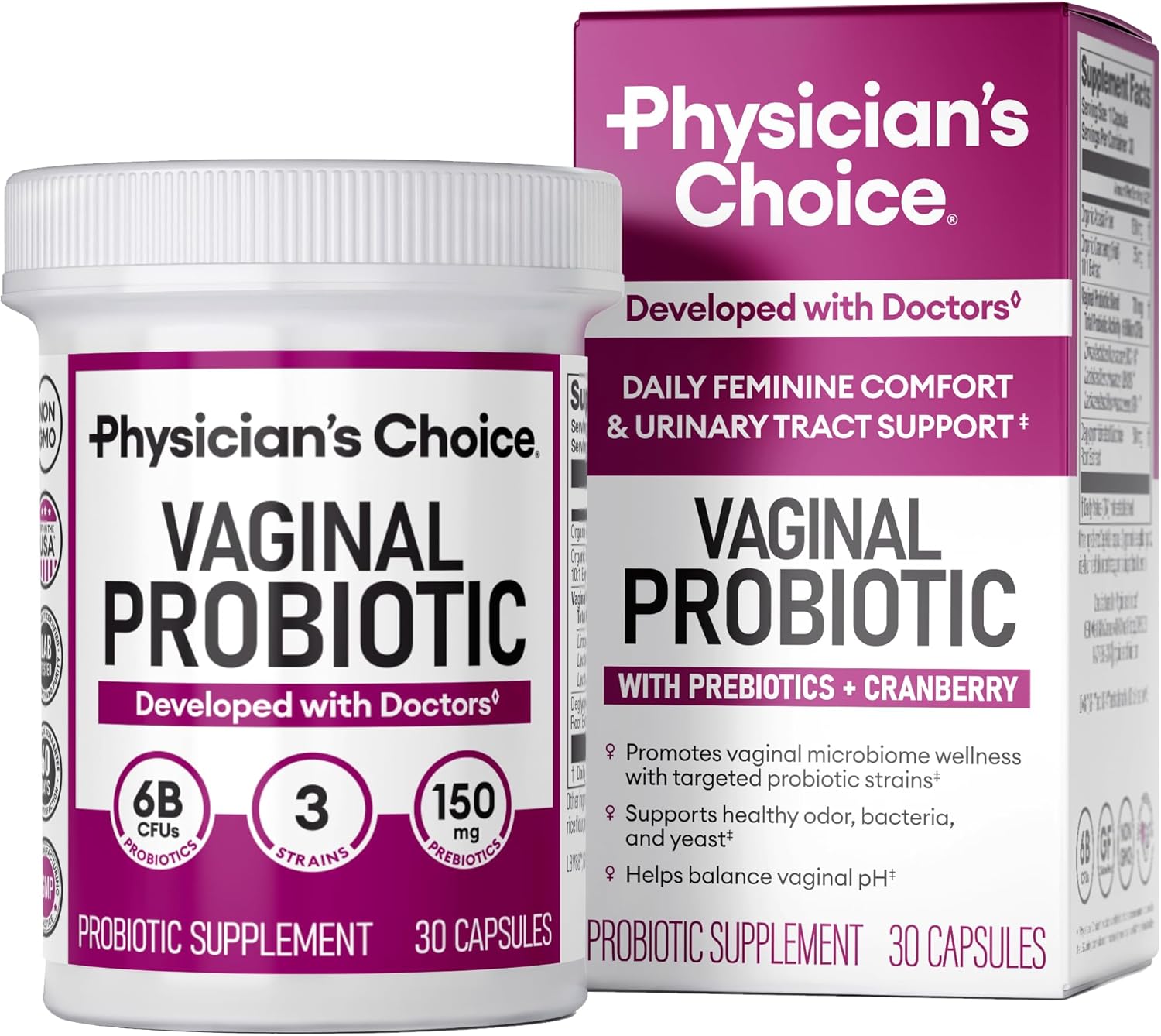 Physician\'s CHOICE Vaginal Probiotics for Women - pH Balance, Odor Control, Yeast Balance, Vaginal Flora & Feminine Health - 6B CFU with Organic Prebiotics and Cranberry Extract - 30 CT