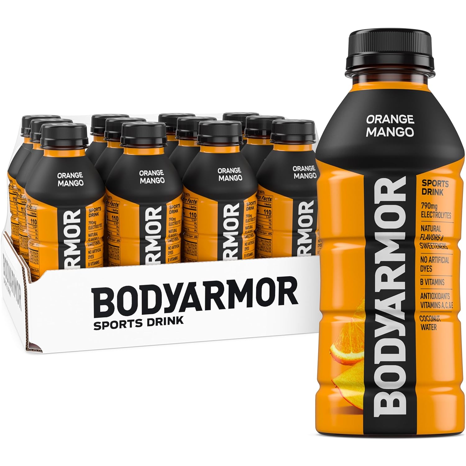 BODYARMOR Sports Drink Sports Beverage, Orange Mango, Coconut Water Hydration, Natural Flavors With Vitamins, Potassium-Packed Electrolytes, Perfect For Athletes, 16 Fl Oz (Pack of 12)