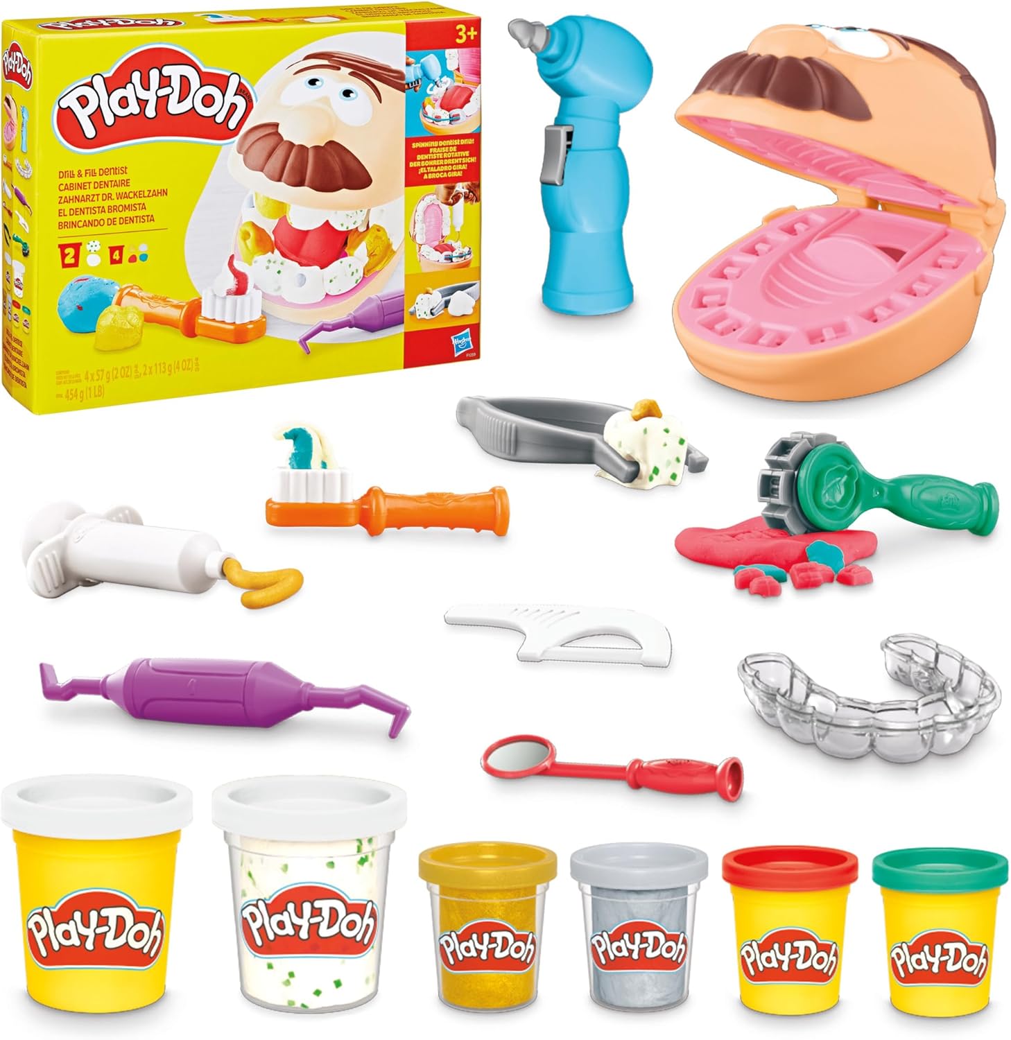 Play-Doh Drill \'n Fill Dentist Toy for Kids 3 Years and Up with Cavity and Metallic Colored Modeling Compound, 10 Tools, 8 Total Cans, 2 Ounces Each, Non-Toxic, Assorted Colors